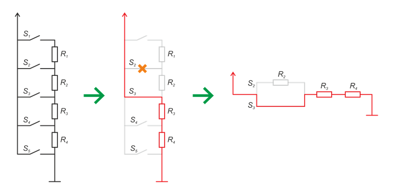При одновременном нажатии 2 и 3 кнопки, ток потечет по контуру через 3 кнопку