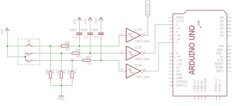 Вторая линия подключена к 7 пину, освобождая 3 пин для других источников прерываний