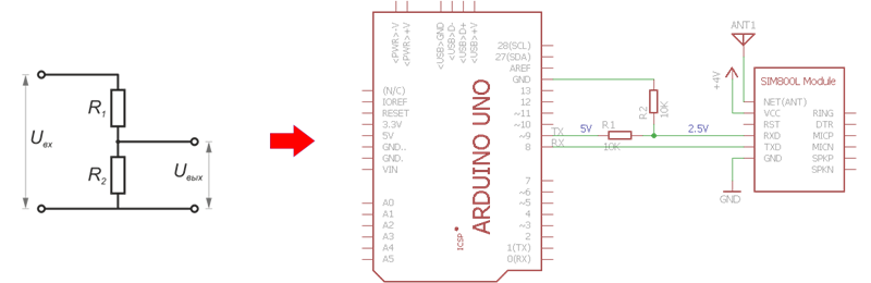 Вход bRX/b Arduino находится в режиме span class=monoINPUT/span, и он нормально реагирует на логическую единицу GSM-модуля 2,8 В — с ним ничего делать не надо
